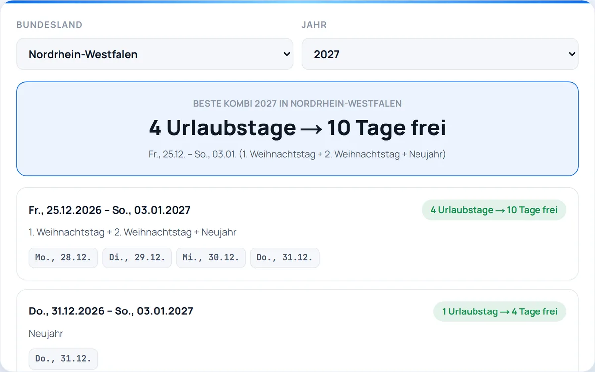 Brückentage-Planer — Hol mehr aus deinem Urlaub: alle Brückentage-Kombis für dein Bundesland — z. B. 4 Urlaubstage in 10 freie Tage verwandeln. Für 2026, 2027 und 2028.