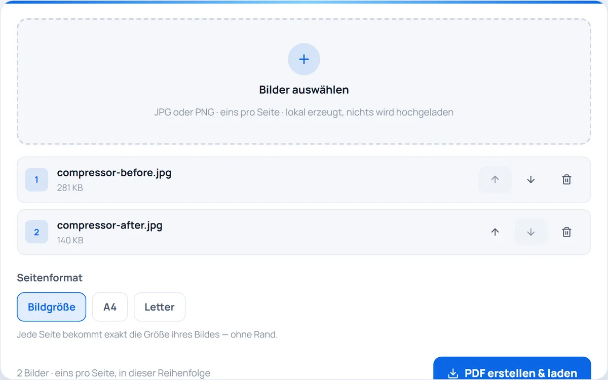 JPG in PDF umwandeln — Fotos und Scans zu einem PDF verbinden — ein Bild pro Seite, im Browser und ohne Upload.