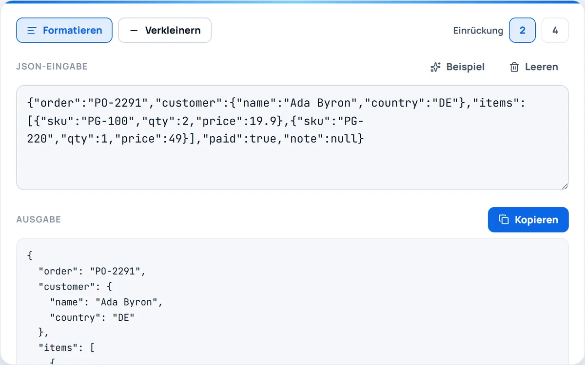 JSON formatieren — JSON einrücken, prüfen und verkleinern — mit verständlicher Fehlerstelle statt kryptischer Meldung.