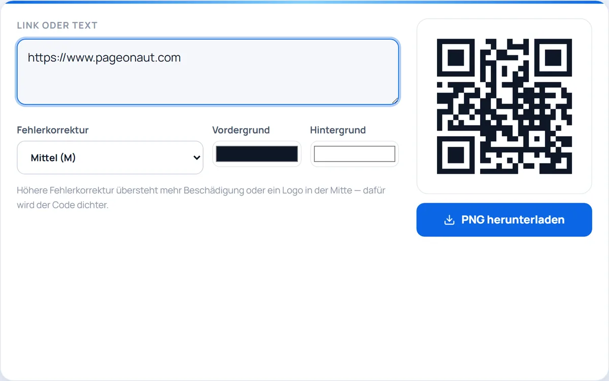 QR-Code-Generator — Jeden Link oder Text in einen QR-Code verwandeln — Farben anpassen, PNG herunterladen.