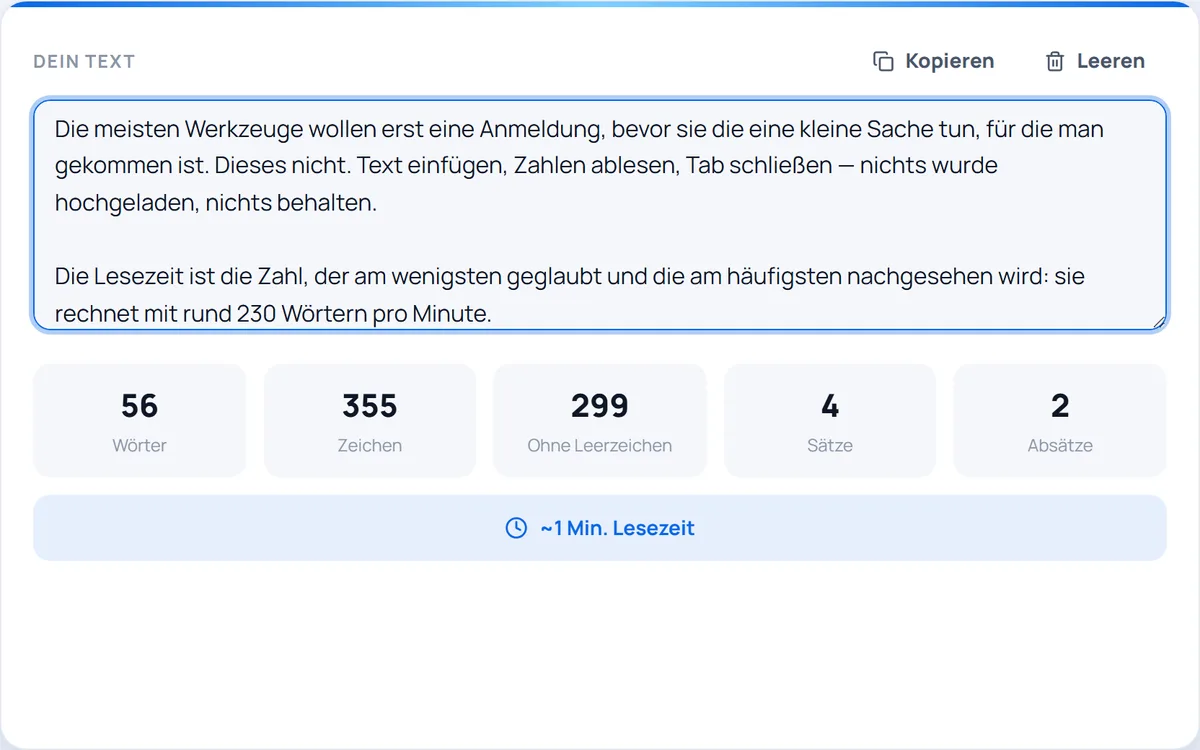 Zeichen- & Wörterzähler — Zeichen, Wörter, Sätze, Absätze und Lesezeit zählen — live beim Tippen.