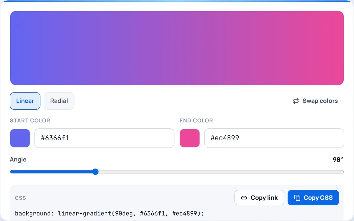 CSS Gradient Generator — Build linear and radial CSS gradients with two colour stops, an angle slider and a live preview — then copy the code.