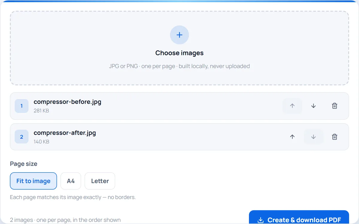 Images to PDF — Combine JPG and PNG images into a single PDF — one image per page, built privately in your browser.