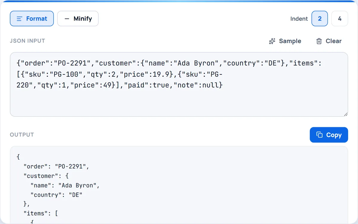 JSON Formatter — Format, beautify and minify JSON with instant validation — all in your browser.