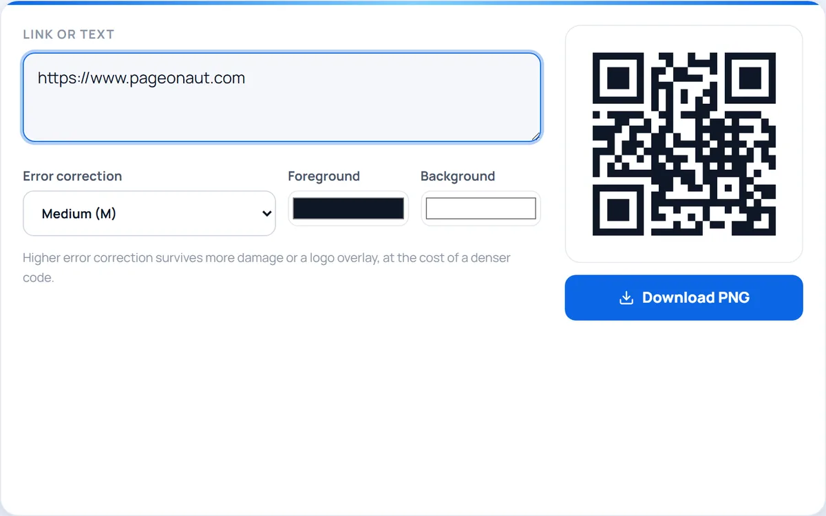 QR Code Generator — Turn any link or text into a QR code — customise the colors and download a crisp PNG.