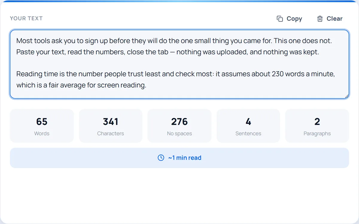 Word & Character Counter — Count words, characters, sentences, paragraphs and reading time as you type.